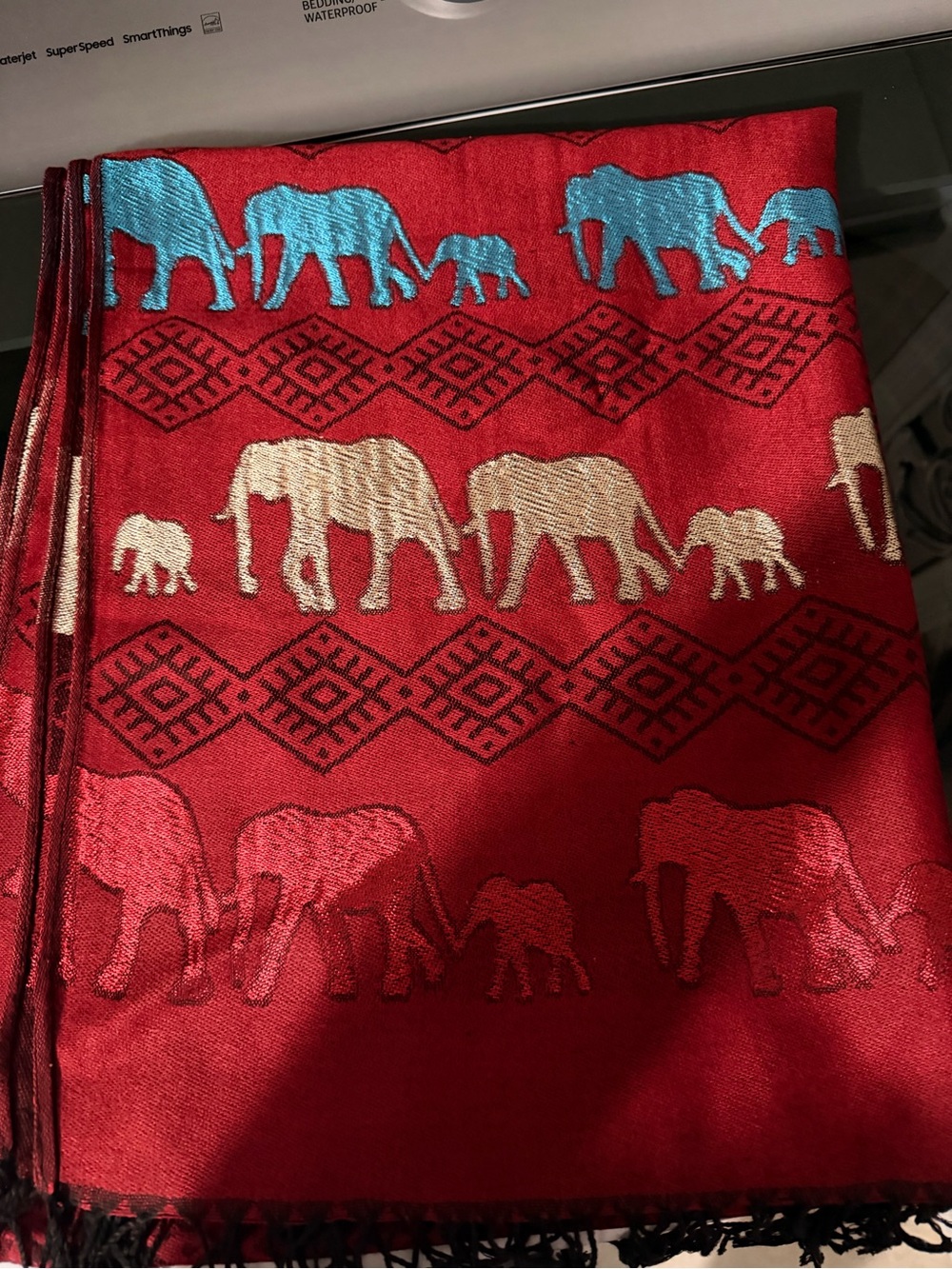 pashmina Red Elephant Jacquard Scarf with Black Detail
